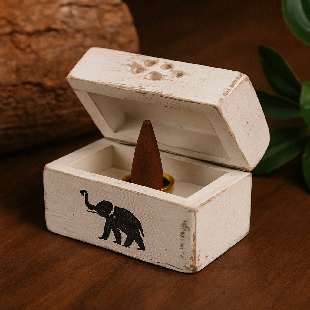 Portaincenso conico in legno bianco con motivo elefante