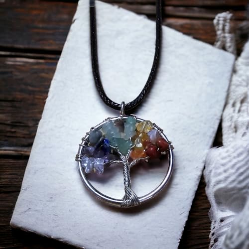 Collana con Albero della Vita e Ciondolo in Pietra Naturale - Saggezza Energetica e Antica - energia, zen e spirituale - graziosi gioielli, bellezza naturale - Armonia (7 Pietre Chakra)
