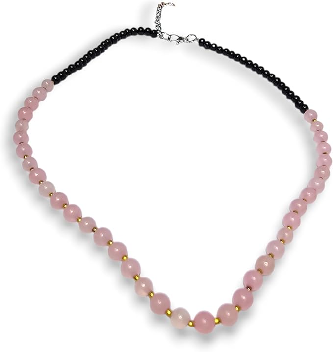 Collana di perle di quarzo rosa e perle di vetro nero con perle intermedie dorate - Collana elegante con pietre naturali - Zen, Equilibrio, Armonia - Gioielli ideali e universali