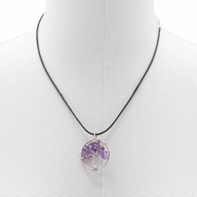 Collana con Ciondolo Albero della Vita e Pietra Naturale - Equilibrio Energetico e Saggezza Antica - litoterapia - energia, zen e spirituale (Ametista)