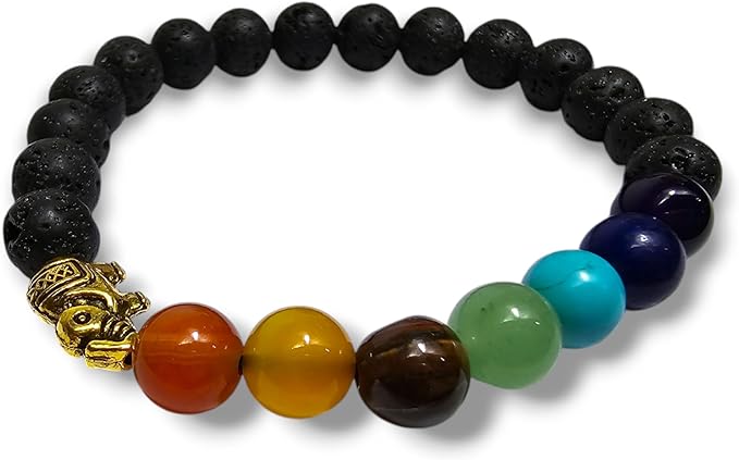 Bracelet Extensible en Pierres de Lave avec Perles de Chakra et Motif Principal - Pierres Naturelles, Bracelet Élégant - Zen, Équilibre, Harmonie - Bijoux Idéal, Universel (Éléphant Chakra)