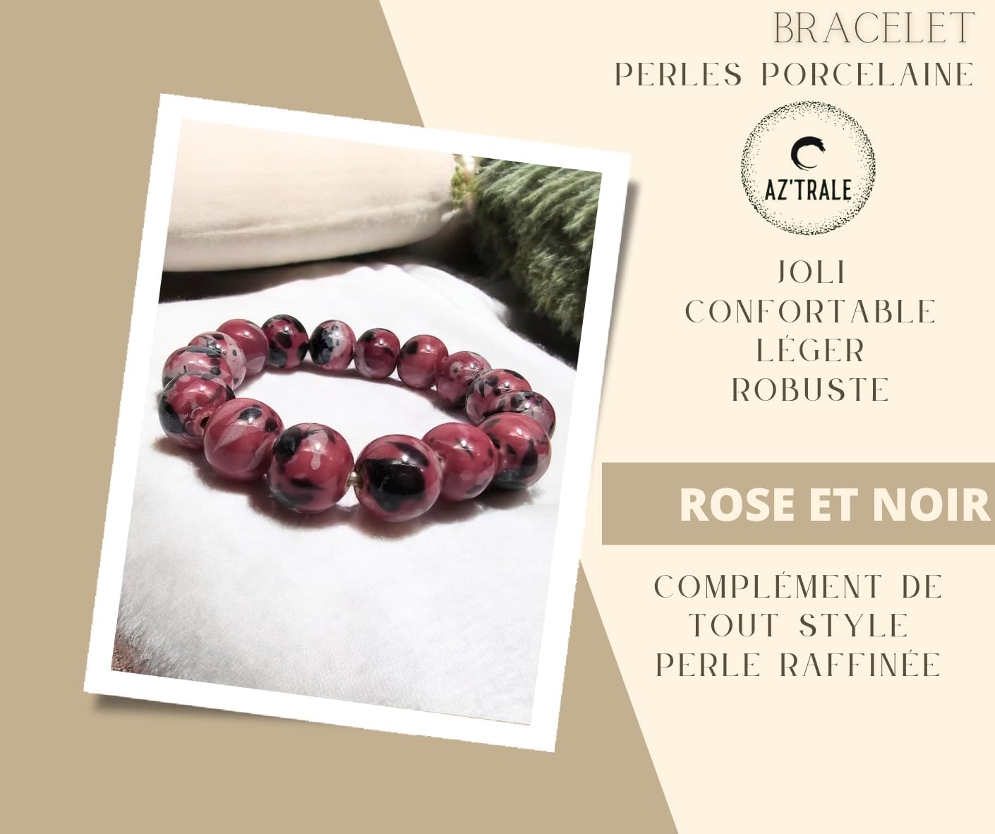 Bracciale con perline in porcellana rosa e decorazioni in bianco e nero