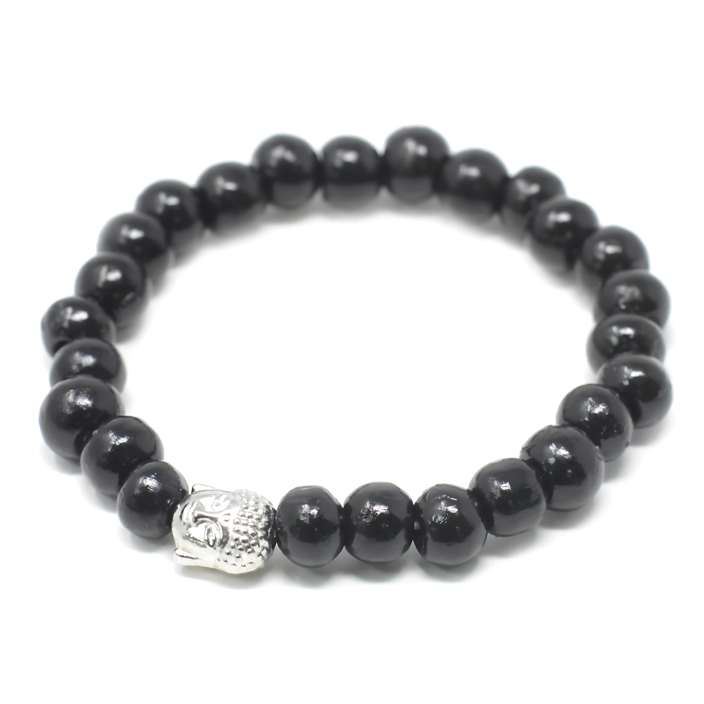 Bracelet Extensible en Pierres de Bois Noires avec Motif Buddha Argenté - Pierres Naturelles, Bracelet Élégant - Zen, Équilibre, Harmonie - Bijoux Idéal, Universel