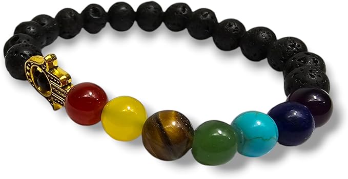 Lava Stone Stretch Bracelet with Chakra Beads and Main Pattern - Natural Stones, Elegant Bracelet - Zen, Balance, Harmony - Ideal Jewelry, Universal (Hamsa Chakra)