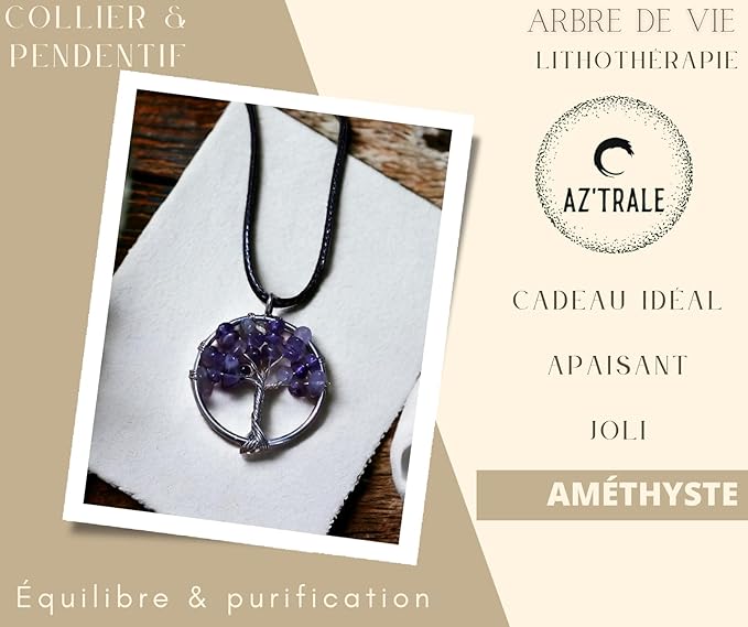 Collana con Ciondolo Albero della Vita e Pietra Naturale - Equilibrio Energetico e Saggezza Antica - litoterapia - energia, zen e spirituale (Ametista)