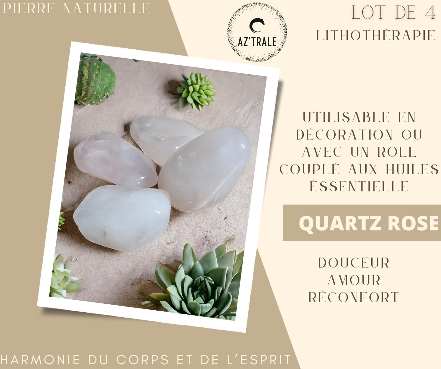 Set di 4 Pietre Naturali - da 1 a 2,5 CM - Utilizzabili nella decorazione, nei rulli massaggianti e per ricaricare con oli essenziali - ideali per la Meditazione e il Benessere (Quarzo rosa)