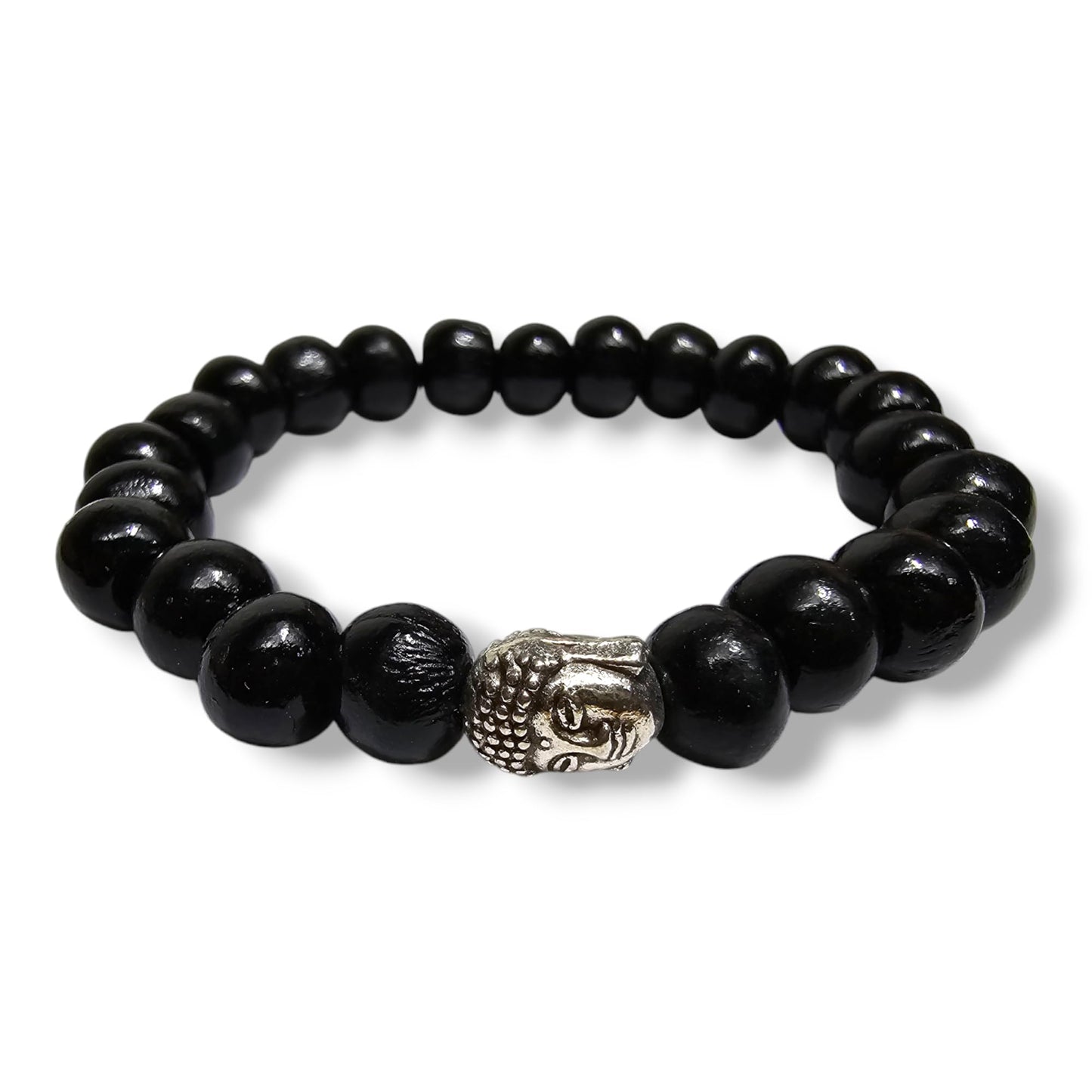 Bracelet Extensible en Pierres de Bois Noires avec Motif Buddha Argenté - Pierres Naturelles, Bracelet Élégant - Zen, Équilibre, Harmonie - Bijoux Idéal, Universel