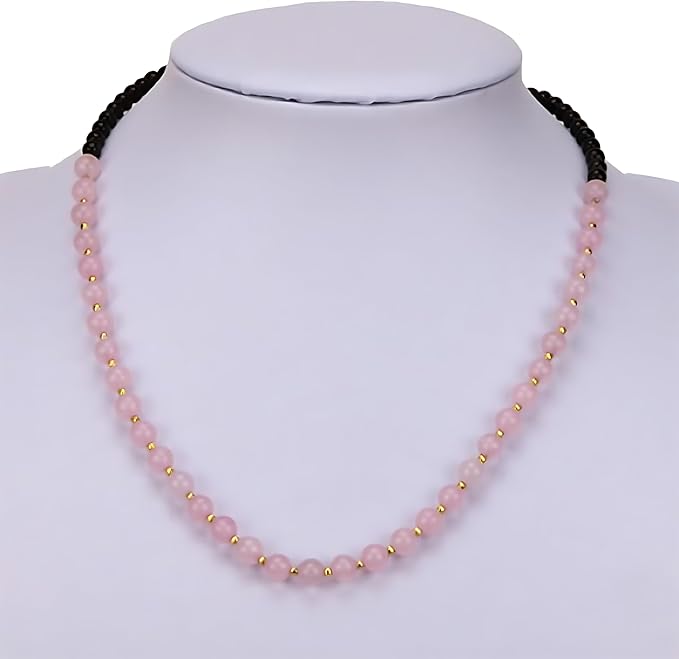 Collana di perle di quarzo rosa e perle di vetro nero con perle intermedie dorate - Collana elegante con pietre naturali - Zen, Equilibrio, Armonia - Gioielli ideali e universali