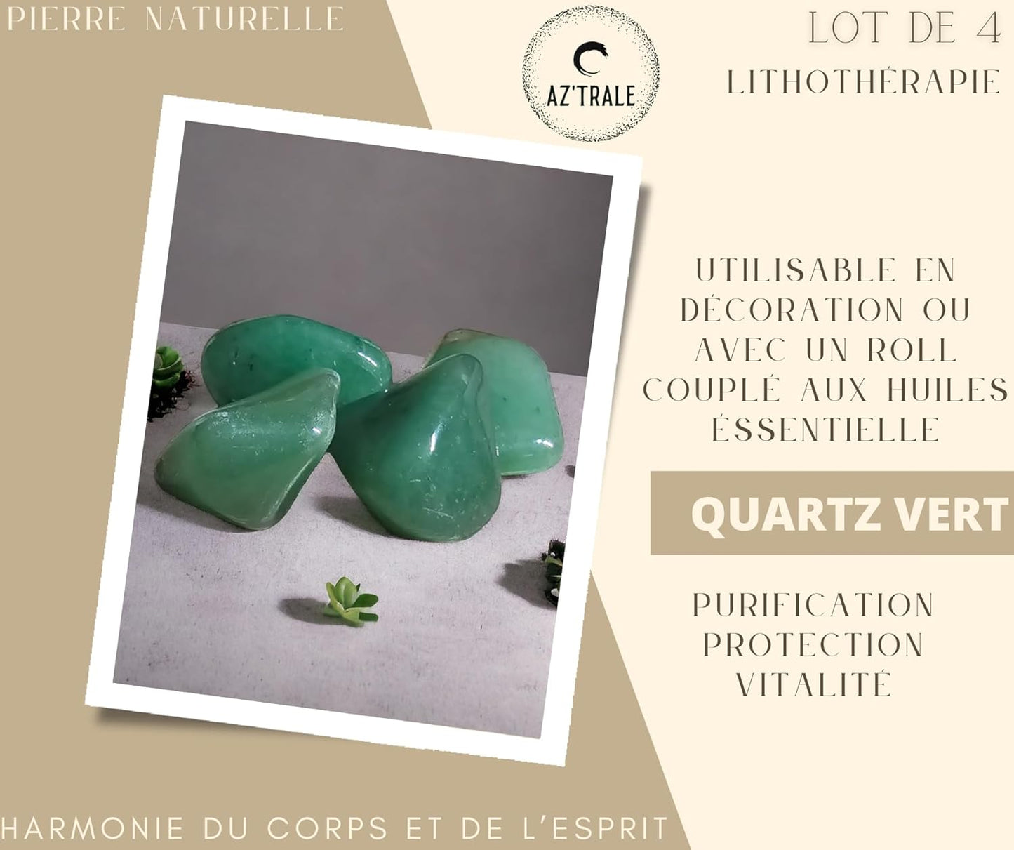 Set di 4 Pietre Naturali - da 1 a 2,5 CM - Utilizzabili nella decorazione, nei rulli massaggianti e per ricaricare con oli essenziali - ideali per la Meditazione e il Benessere (Quarzo Verde)