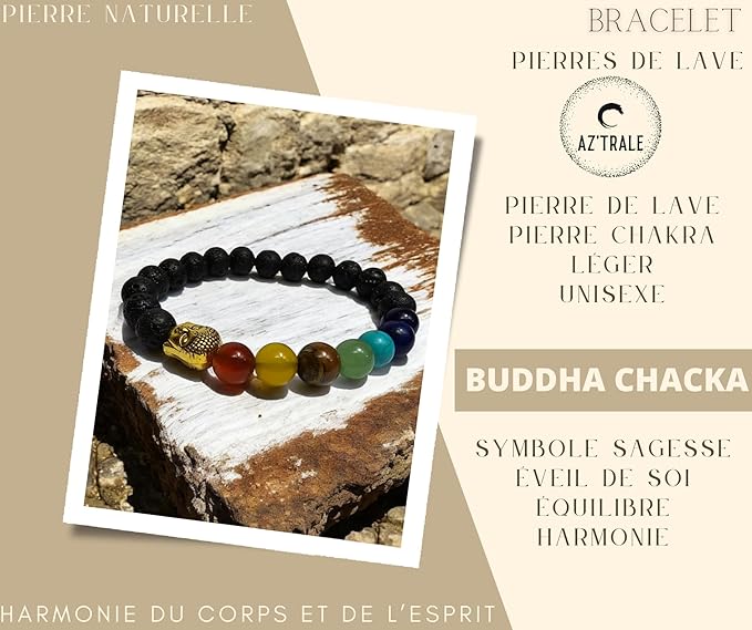 Lava Stone Stretch Bracelet with Chakra Beads and Main Pattern - Natural Stones, Elegant Bracelet - Zen, Balance, Harmony - Ideal Jewelry, Universal (Buddha Chakra)