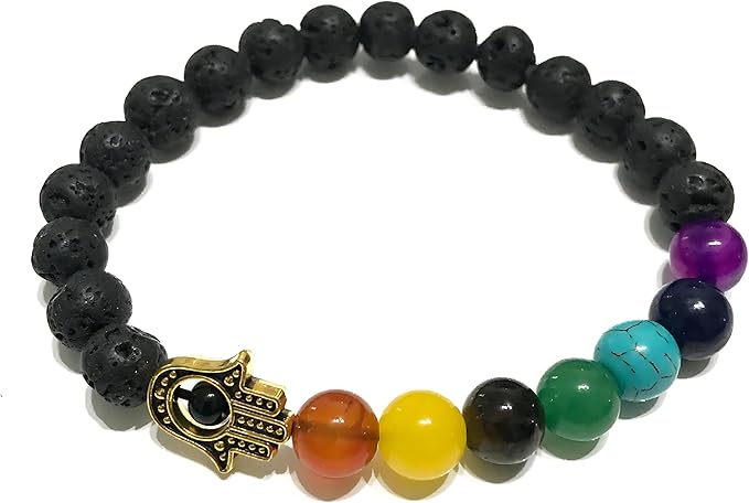 Lava Stone Stretch Bracelet with Chakra Beads and Main Pattern - Natural Stones, Elegant Bracelet - Zen, Balance, Harmony - Ideal Jewelry, Universal (Hamsa Chakra)