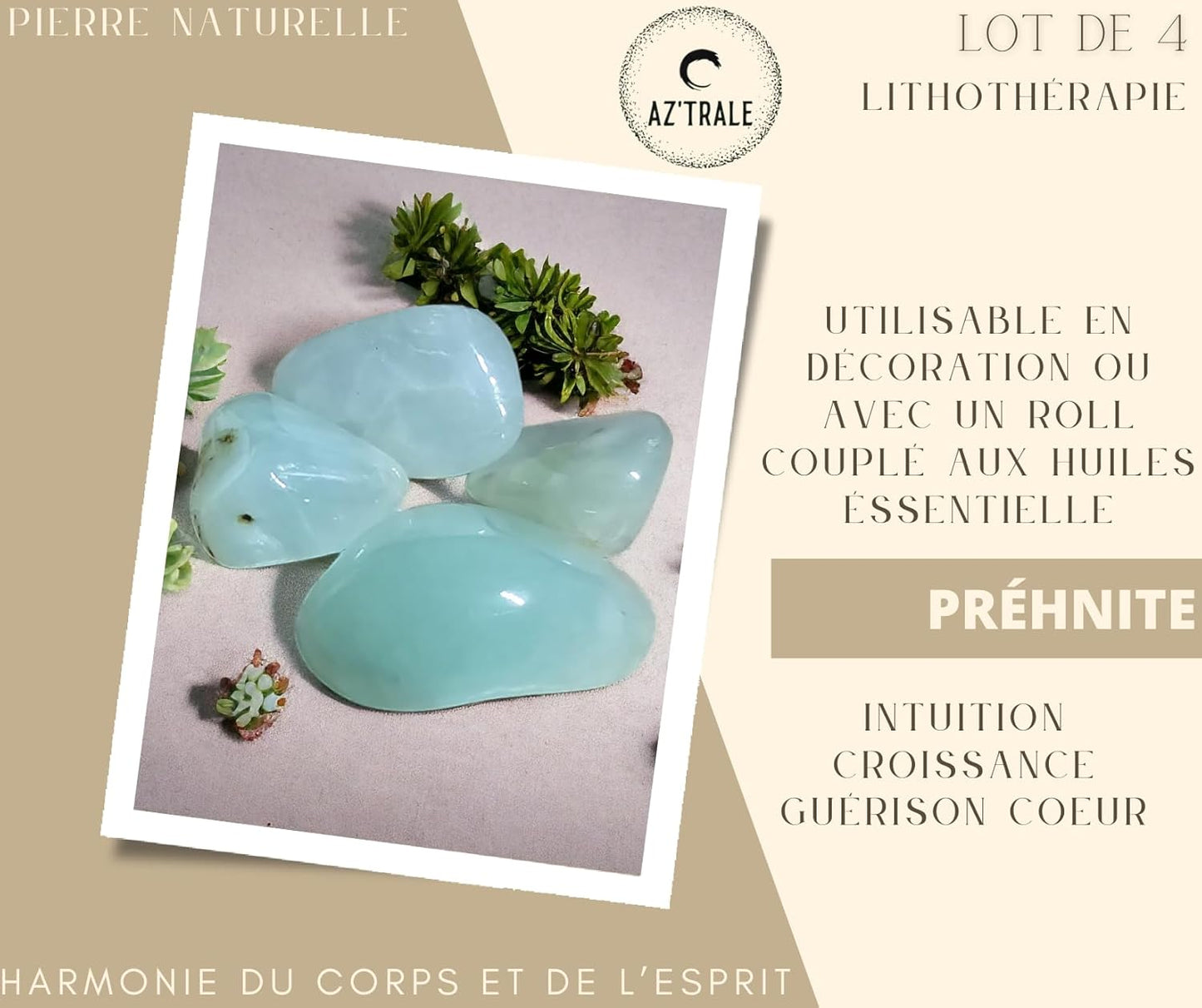 Set di 4 pietre naturali - da 1 a 2,5 CM - Utilizzabili nella decorazione, nei rulli massaggianti e per ricaricare con oli essenziali - ideali per la meditazione e il benessere (Prehnite)