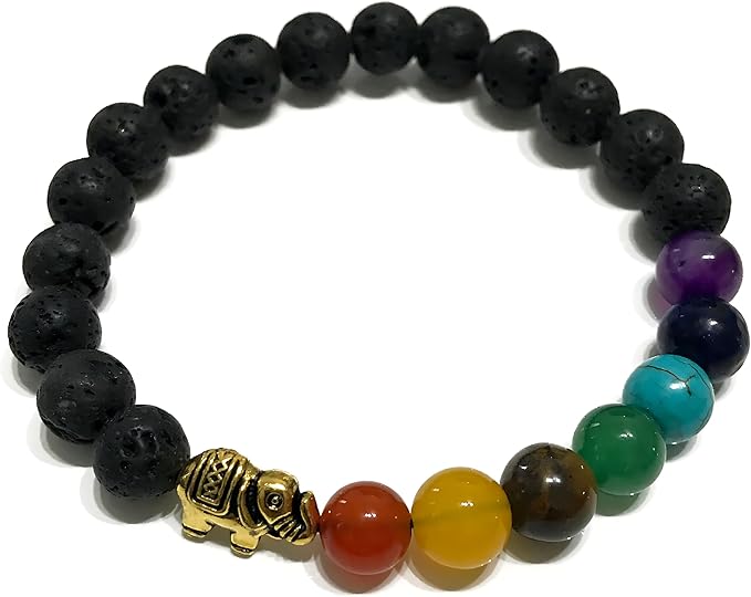 Bracelet Extensible en Pierres de Lave avec Perles de Chakra et Motif Principal - Pierres Naturelles, Bracelet Élégant - Zen, Équilibre, Harmonie - Bijoux Idéal, Universel (Éléphant Chakra)