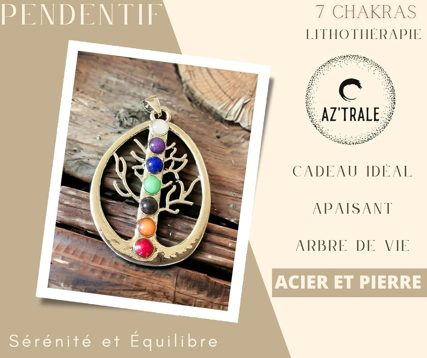 Ciondolo in acciaio con 7 pietre Chakra - Graziosi gioielli - Ciondolo con pietra naturale - Energia Zen, spirituale