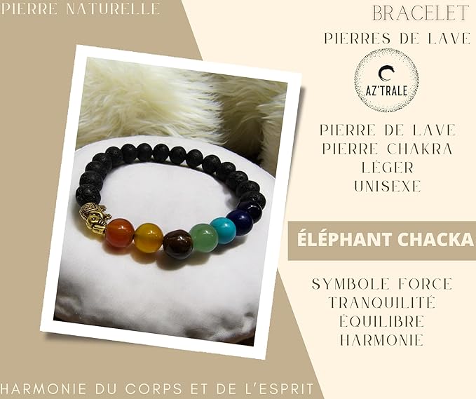 Bracelet Extensible en Pierres de Lave avec Perles de Chakra et Motif Principal - Pierres Naturelles, Bracelet Élégant - Zen, Équilibre, Harmonie - Bijoux Idéal, Universel (Éléphant Chakra)