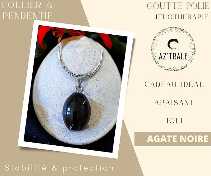 Polished Stone Water Drop Pendant Necklace - Natural Radiance and Spiritual Serenity - Lithotherapy (Black Agate)