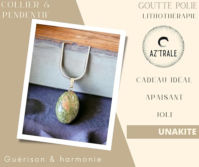 Collier Pendentif Goutte d'Eau en Pierre Polie - Éclat Naturel et Sérénité Spirituelle - chakra, énergie, zen, spirituel, joli bijoux pierre naturelle (Unakite)