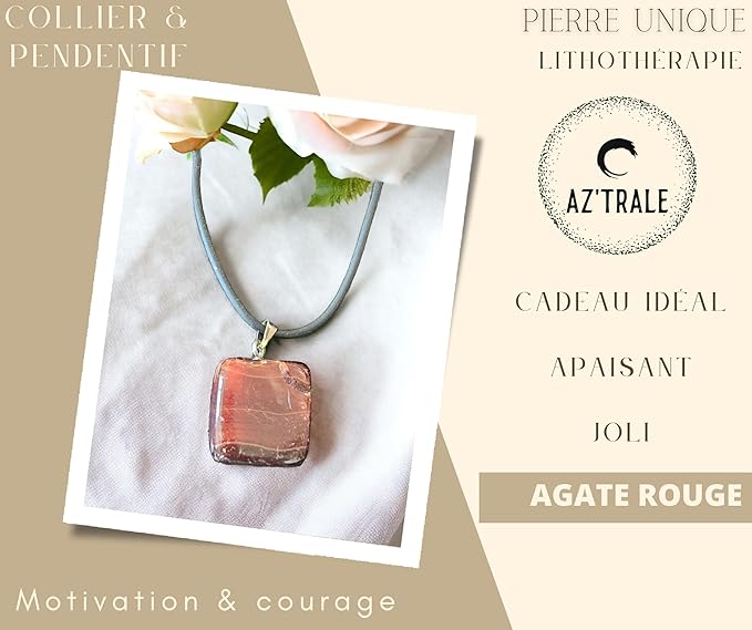 Necklace with Natural Stone Pendant - Energetic and Harmony - Unique Stone - energy - zen - spiritual - chakras (Red Agate)