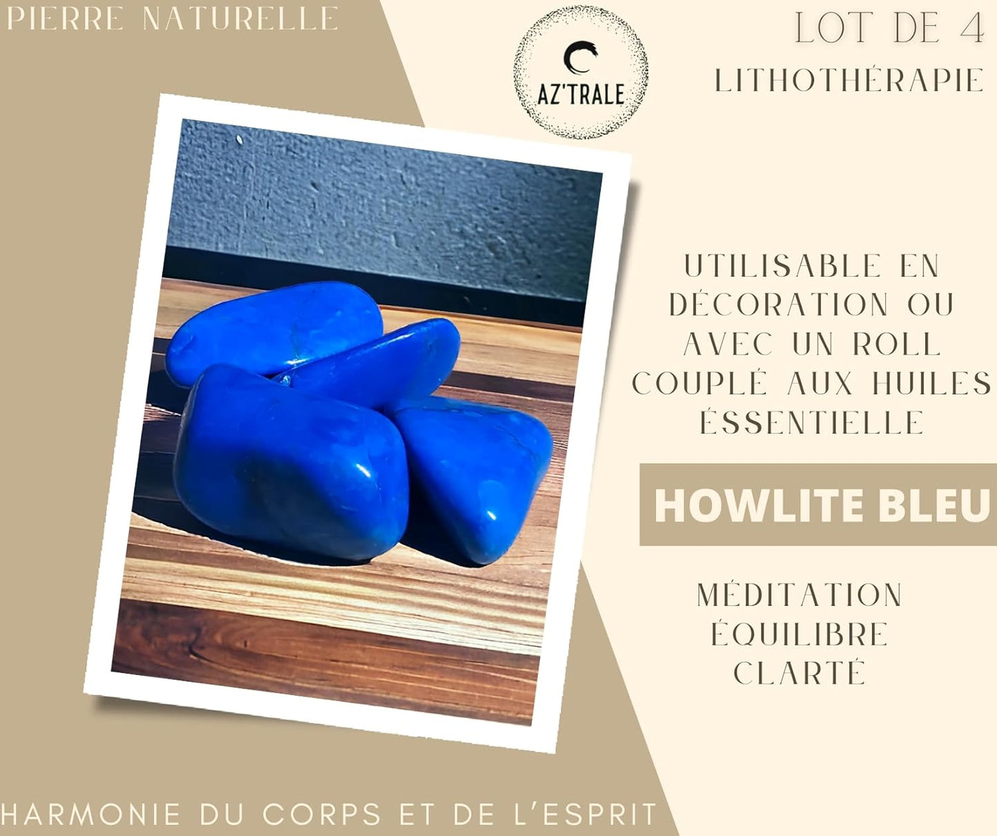 Set di 4 pietre naturali - da 1 a 2,5 CM - utilizzabili nella decorazione, nei rulli massaggianti e per ricaricare con oli essenziali - ideali per la meditazione e il benessere (Howlite blu)