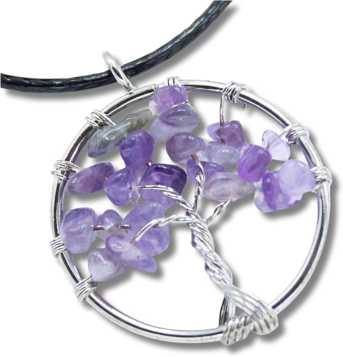 Collana con Ciondolo Albero della Vita e Pietra Naturale - Equilibrio Energetico e Saggezza Antica - litoterapia - energia, zen e spirituale (Ametista)