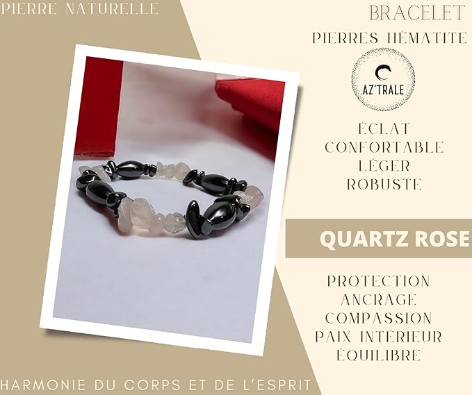 Bracciale in pietra ematite e quarzo rosa - Bracciale elegante - Zen, Equilibrio, Armonia - Gioielli ideali e universali
