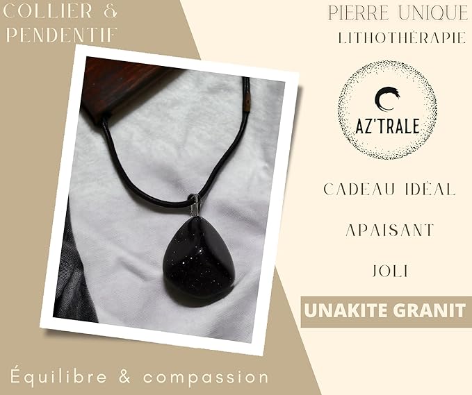 Collana con Ciondolo in Pietra Naturale - Energetica e Armonia - Pietra Singola - energia - zen - spirituale - chakra (Granito Nero Unakite)