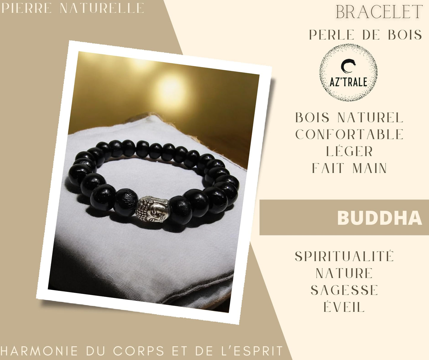 Bracelet Extensible en Pierres de Bois Noires avec Motif Buddha Argenté - Pierres Naturelles, Bracelet Élégant - Zen, Équilibre, Harmonie - Bijoux Idéal, Universel