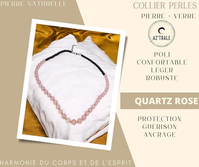 Collana di perle di quarzo rosa e perle di vetro nero con perle intermedie dorate - Collana elegante con pietre naturali - Zen, Equilibrio, Armonia - Gioielli ideali e universali