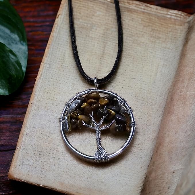 Collana con Ciondolo Albero della Vita e Pietra Naturale - Equilibrio Energetico e Saggezza Antica - litoterapia - energia, zen e spirituale (Pietra Occhio di Tigre)
