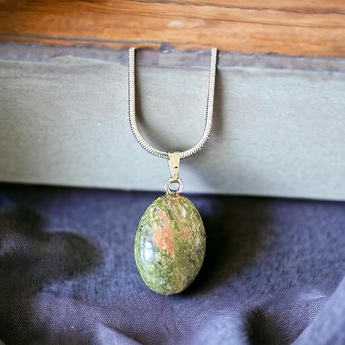 Collier Pendentif Goutte d'Eau en Pierre Polie - Éclat Naturel et Sérénité Spirituelle - chakra, énergie, zen, spirituel, joli bijoux pierre naturelle (Unakite)