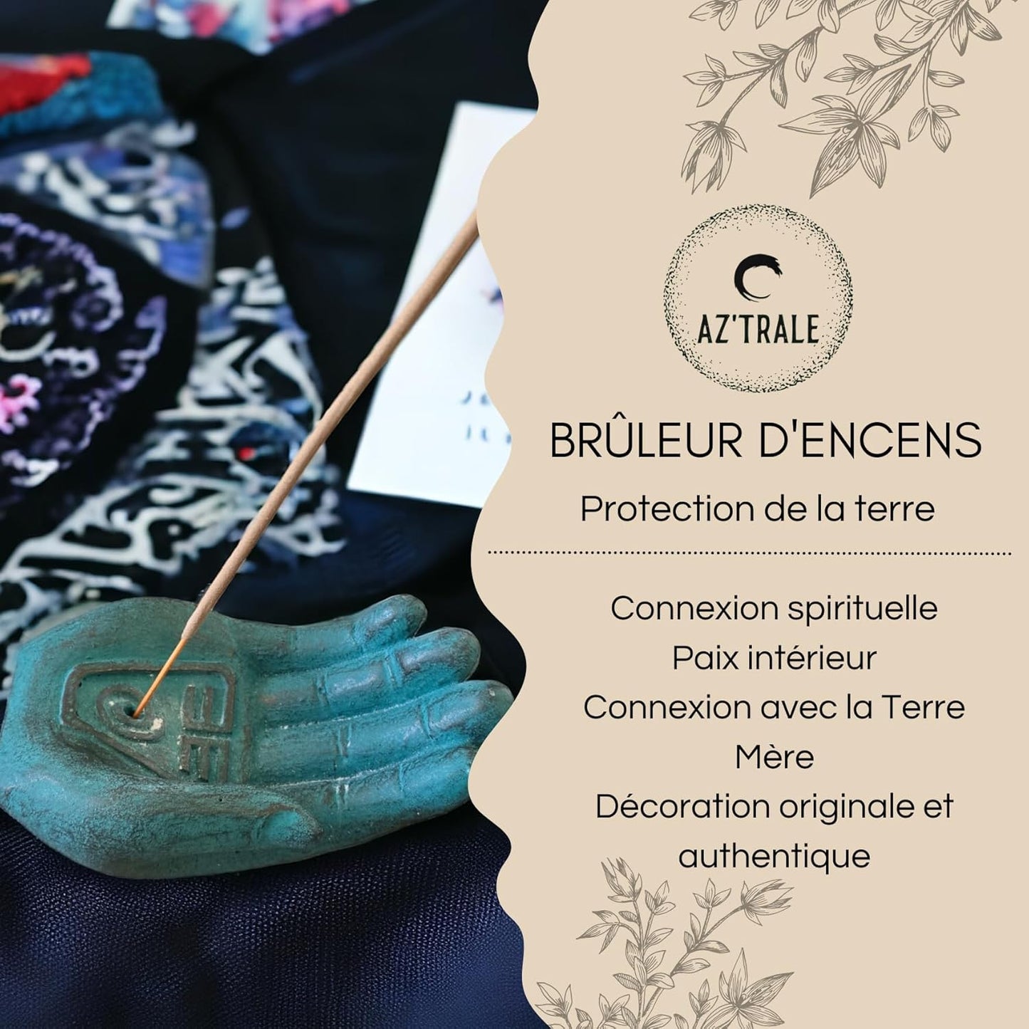 Bruciatore di incenso a forma di mano - Strumento di meditazione e serenità, ispirato ai riti indiani - Bruciatore a bastoncino o cono (Energia della Terra)