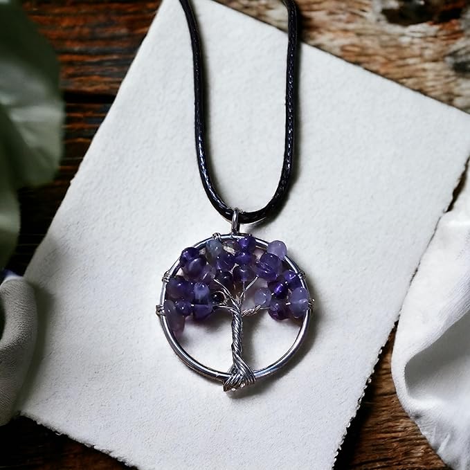 Collana con Ciondolo Albero della Vita e Pietra Naturale - Equilibrio Energetico e Saggezza Antica - litoterapia - energia, zen e spirituale (Ametista)