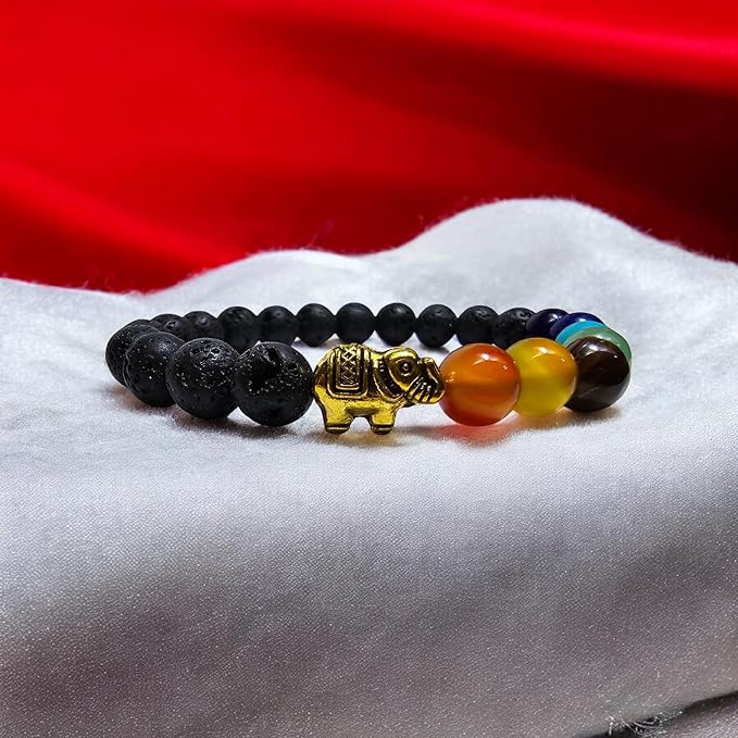 Bracelet Extensible en Pierres de Lave avec Perles de Chakra et Motif Principal - Pierres Naturelles, Bracelet Élégant - Zen, Équilibre, Harmonie - Bijoux Idéal, Universel (Éléphant Chakra)