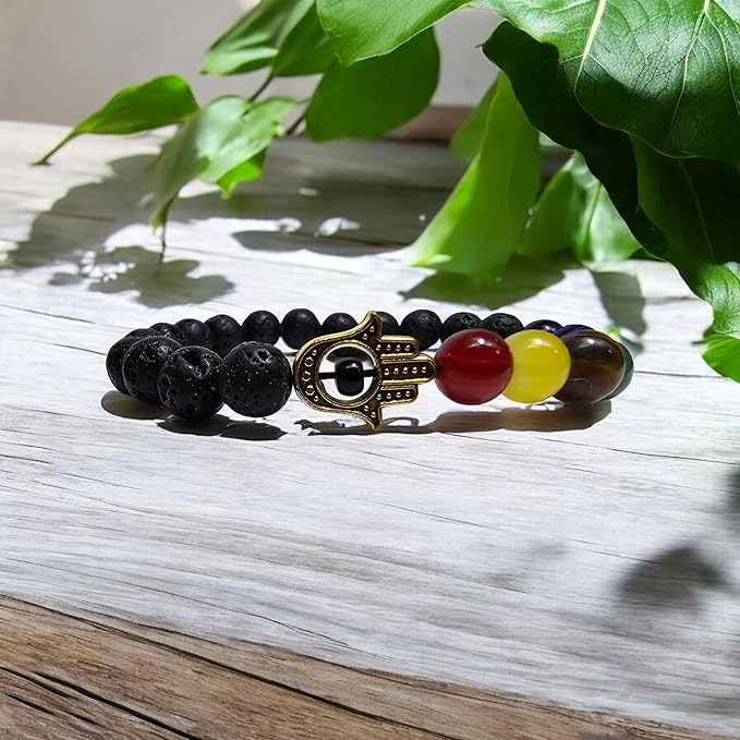 Lava Stone Stretch Bracelet with Chakra Beads and Main Pattern - Natural Stones, Elegant Bracelet - Zen, Balance, Harmony - Ideal Jewelry, Universal (Hamsa Chakra)