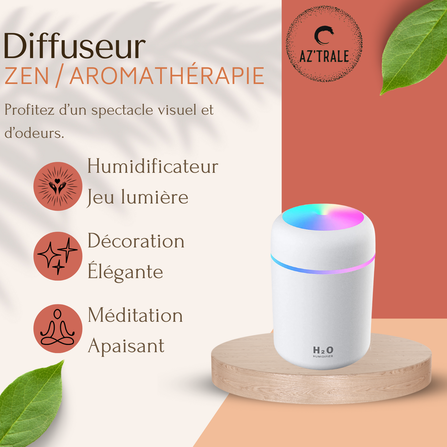 Mini Humidificateur d'Air USB 300ml - Diffuseur d'Arômes RGB & Brume d'Aromathérapie - Blanc
