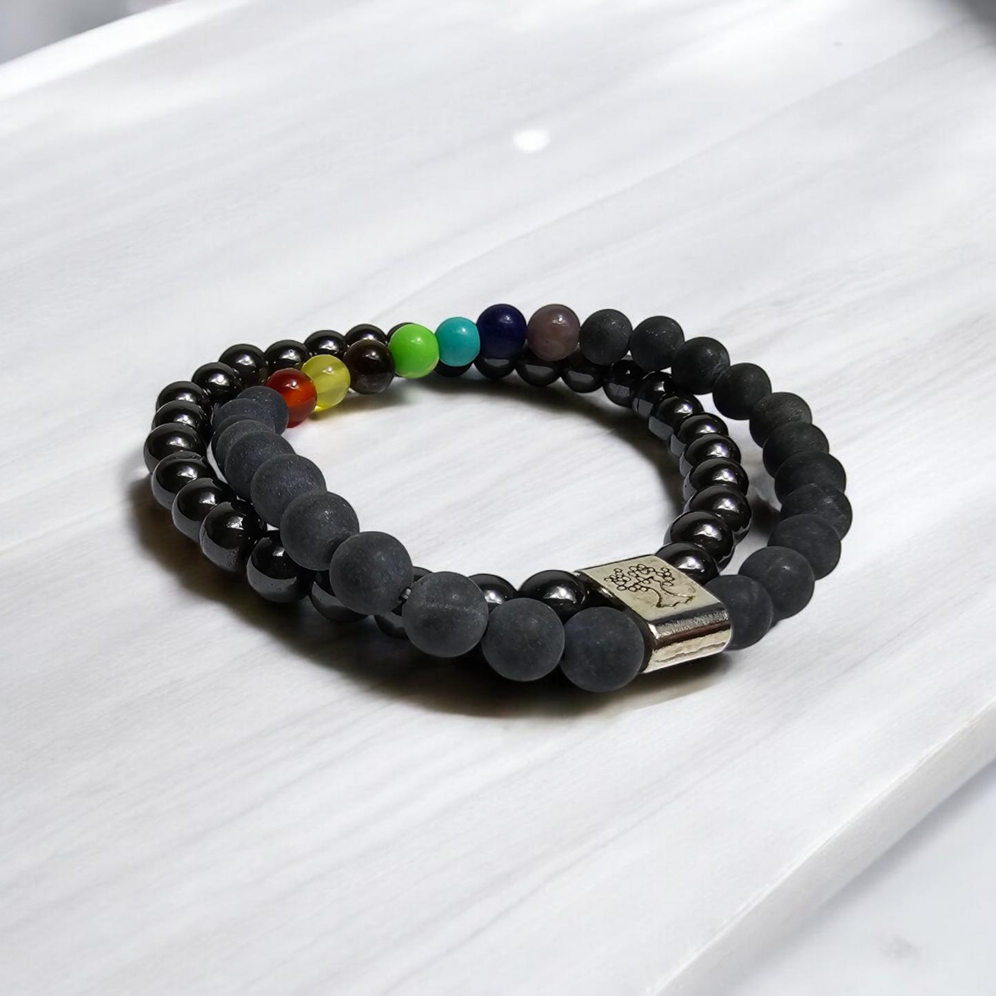 2 Bracelets Extensibles en Pierres Précieuses et Perles de Chakra - Bracelet 2en1 avec Accroche - Bracelet Élégant - Zen, Équilibre, Harmonie - Bijoux Idéal, Universel