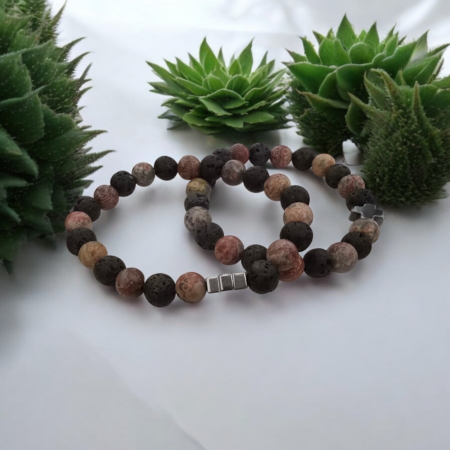 Set of 2 Natural Stone Friendship Bracelets - Eternity - Leopard Jasper and Lava Stone