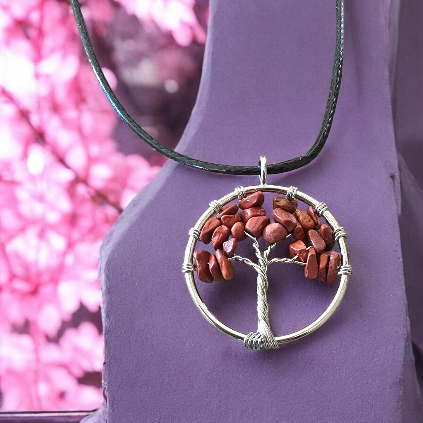 Collier Arbre de Vie avec Pierre Naturelle de Jaspe Rouge
