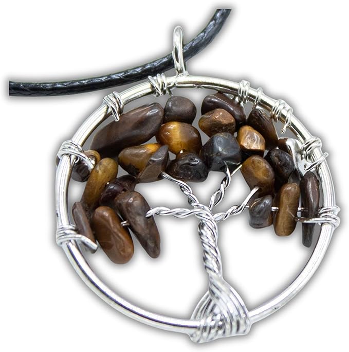 Collana con Ciondolo Albero della Vita e Pietra Naturale - Equilibrio Energetico e Saggezza Antica - litoterapia - energia, zen e spirituale (Pietra Occhio di Tigre)