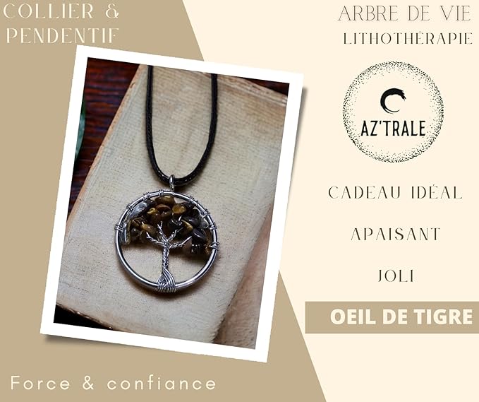 Collana con Ciondolo Albero della Vita e Pietra Naturale - Equilibrio Energetico e Saggezza Antica - litoterapia - energia, zen e spirituale (Pietra Occhio di Tigre)