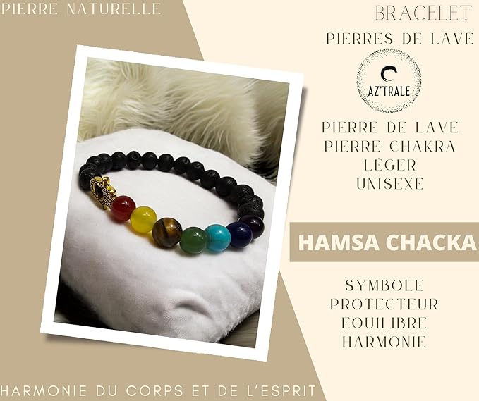Lava Stone Stretch Bracelet with Chakra Beads and Main Pattern - Natural Stones, Elegant Bracelet - Zen, Balance, Harmony - Ideal Jewelry, Universal (Hamsa Chakra)