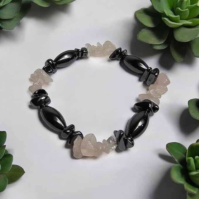 Bracciale in pietra ematite e quarzo rosa - Bracciale elegante - Zen, Equilibrio, Armonia - Gioielli ideali e universali