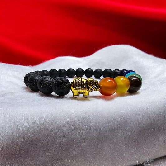 Bracelet Extensible en Pierres de Lave avec Perles de Chakra et Motif Principal - Pierres Naturelles, Bracelet Élégant - Zen, Équilibre, Harmonie - Bijoux Idéal, Universel (Éléphant Chakra)