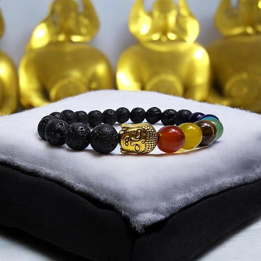 Bracelet Extensible en Pierres de Lave avec Perles de Chakra et Motif Principal - Pierres Naturelles, Bracelet Élégant - Zen, Équilibre, Harmonie - Bijoux Idéal, Universel (Buddha Chakra)