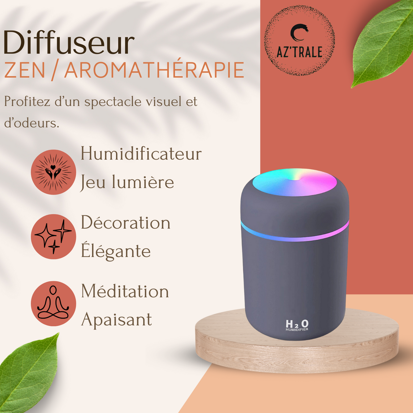 Mini Humidificateur d'Air USB 300ml - Diffuseur d'Arômes RGB & Brume d'Aromathérapie - Noir