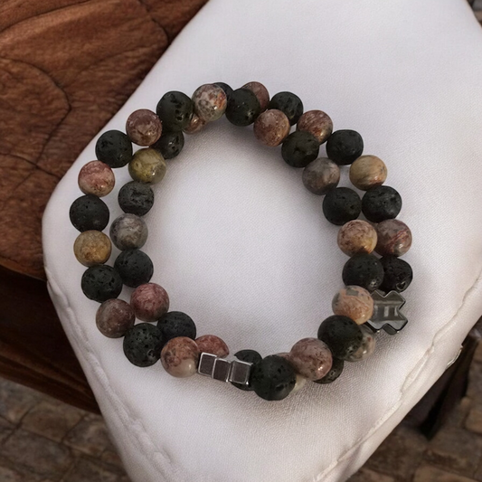 Set of 2 Natural Stone Friendship Bracelets - Eternity - Leopard Jasper and Lava Stone