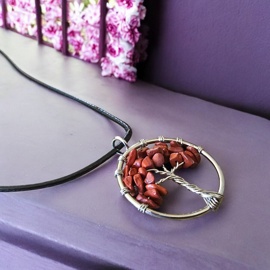 Collier Arbre de Vie avec Pierre Naturelle de Jaspe Rouge
